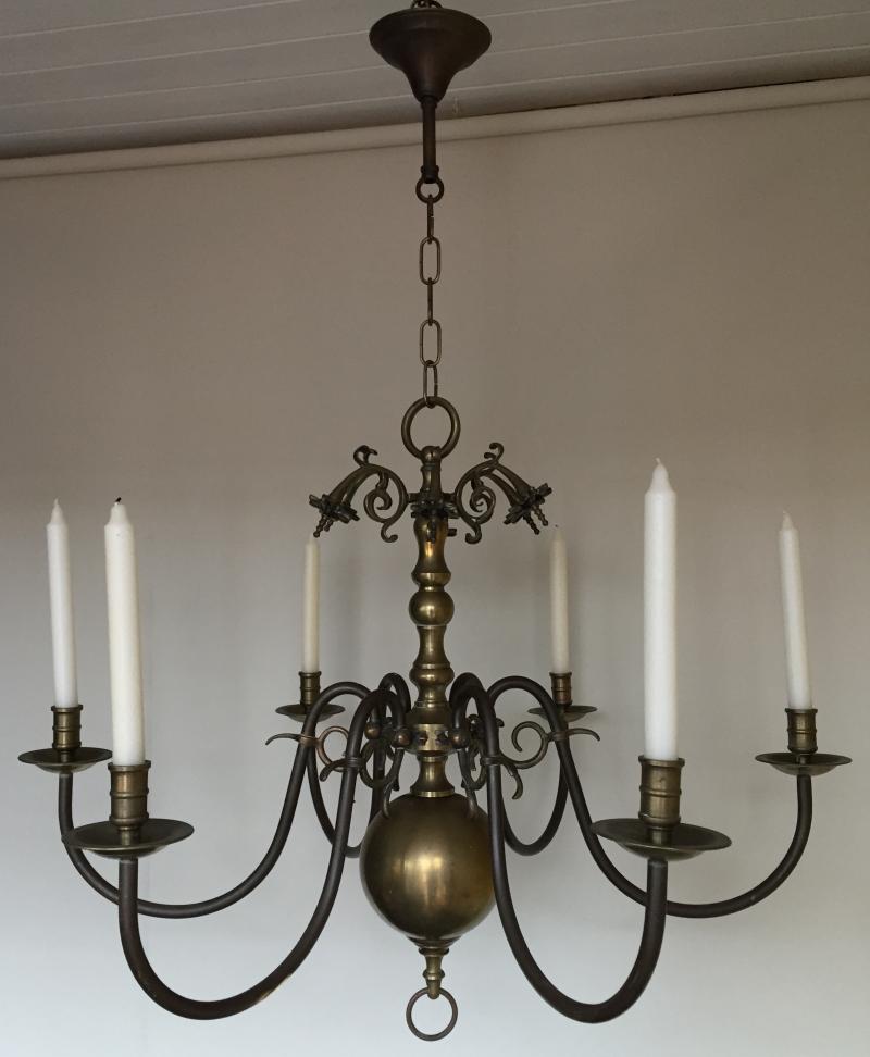 Vintage Antique Brass 6 Branch Arm Chandelier, Candle, French, Farmhouse Light