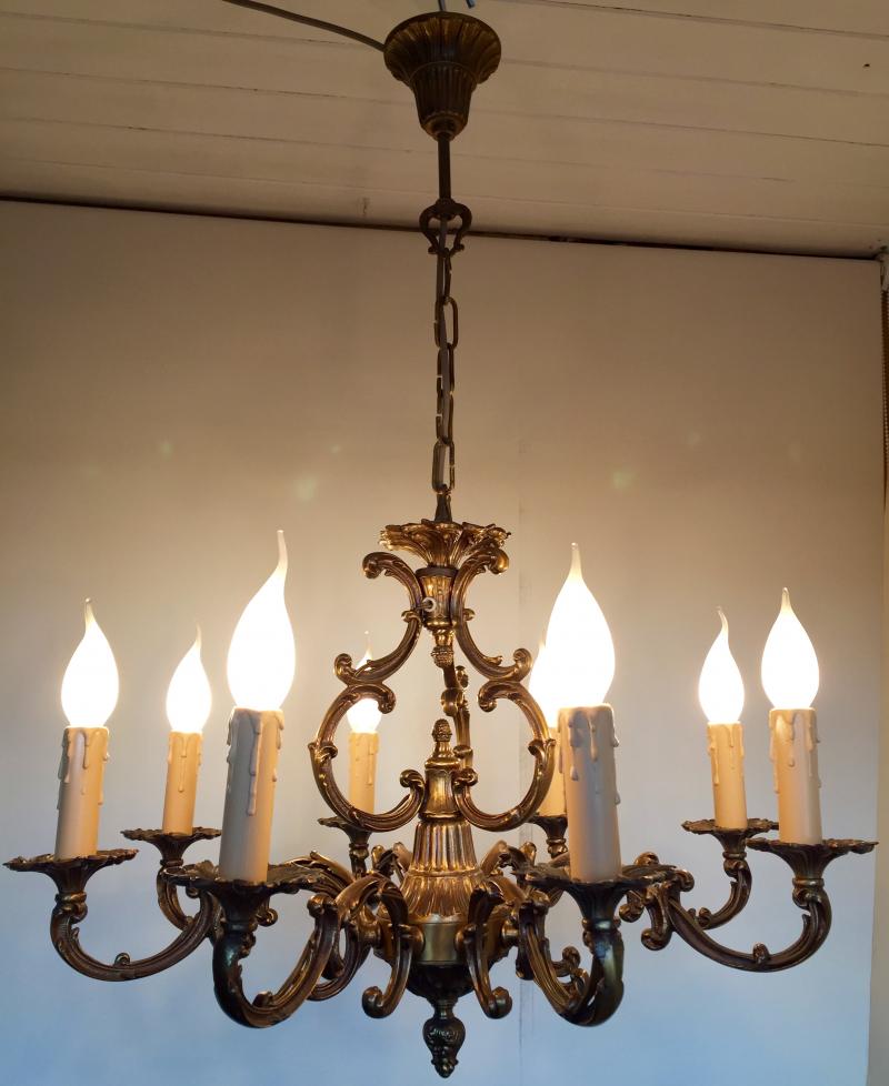 Ref No. CHCH - Vintage French Farmhouse Brass 8 Branch Flemish Chandelier
