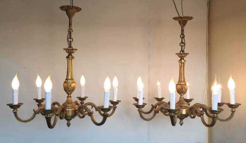 Pair of Heavy Vintage Antique Brass Gilt 6 & 8 Arm Rococo Chandeliers