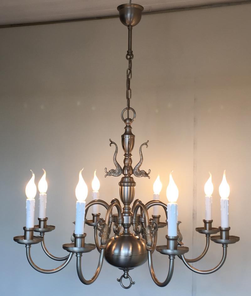 CHEG- Stunning Vintage Antique Silver 8 Branch Flemish Chandelier, French Brass