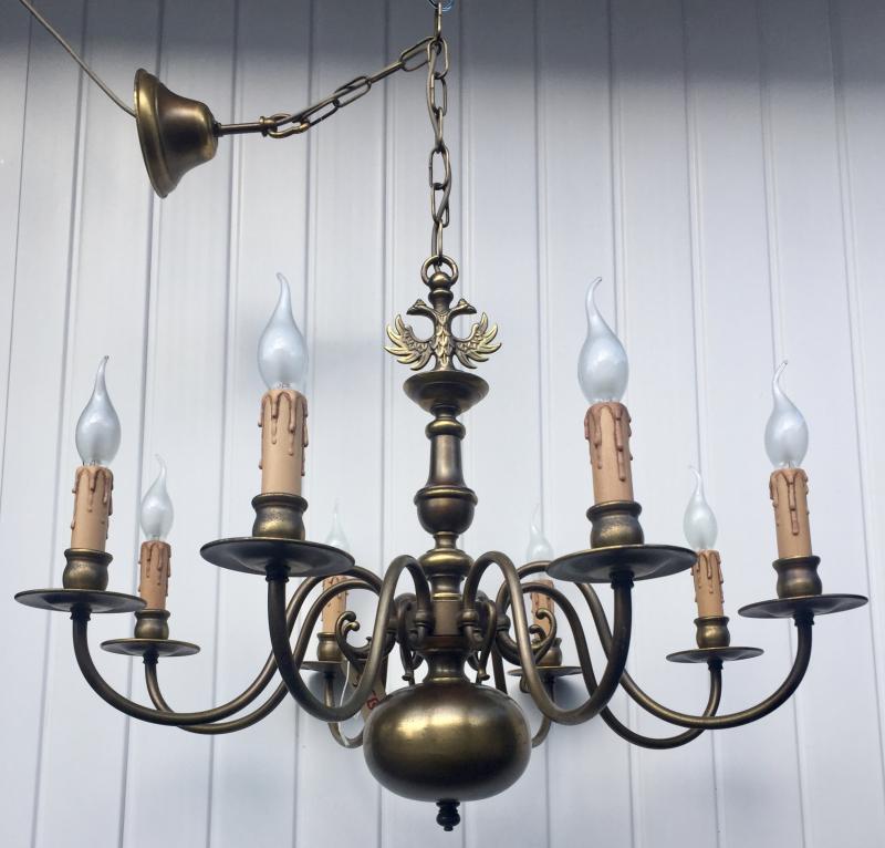CHQEBC - Superb Vintage Antique Brass 8 Branch Chandelier, Ceiling Light, French﻿﻿.