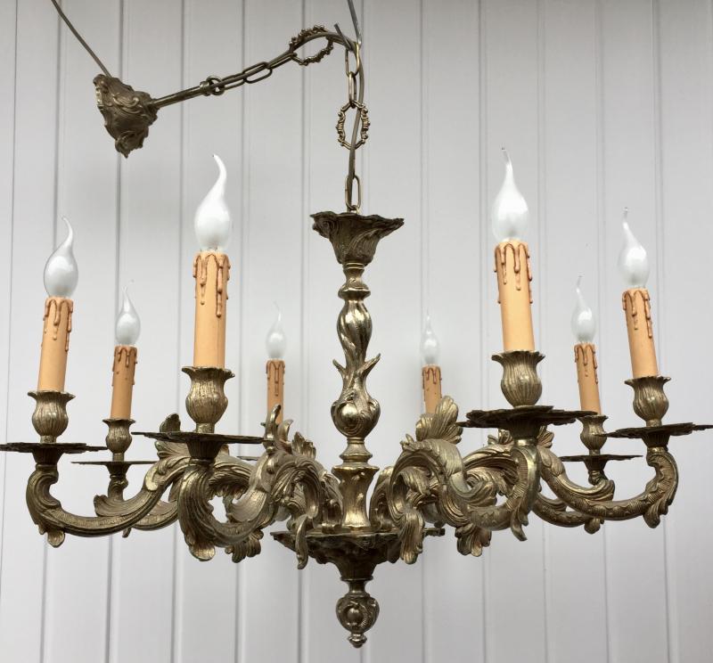 CHQECB - Huge Heavy Vintage Antique Solid Brass Gilt Rococo 8 Branch Chandelier