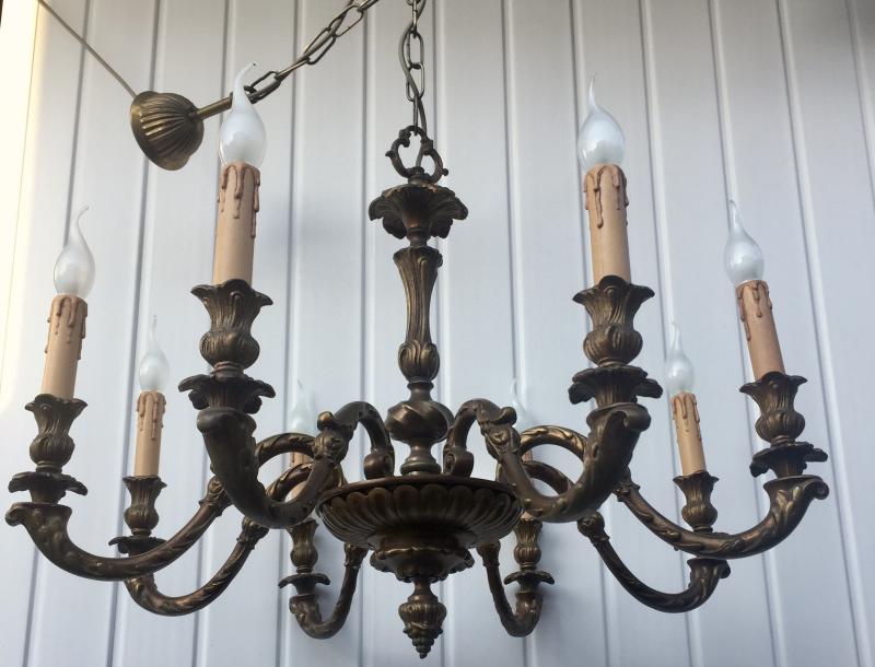 CHQEBM - Massive Heavy Vintage Antique Brass Gilt Rococo 8 Branch Chandelier