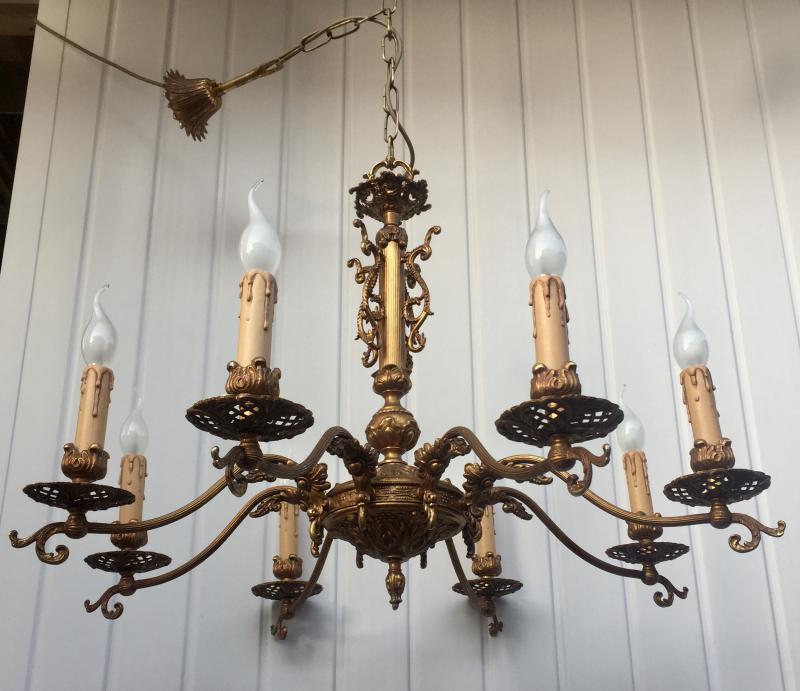CHQEBQ - Original Large Vintage Antique Brass Gilt Rococo 8 Branch Chandelier﻿.